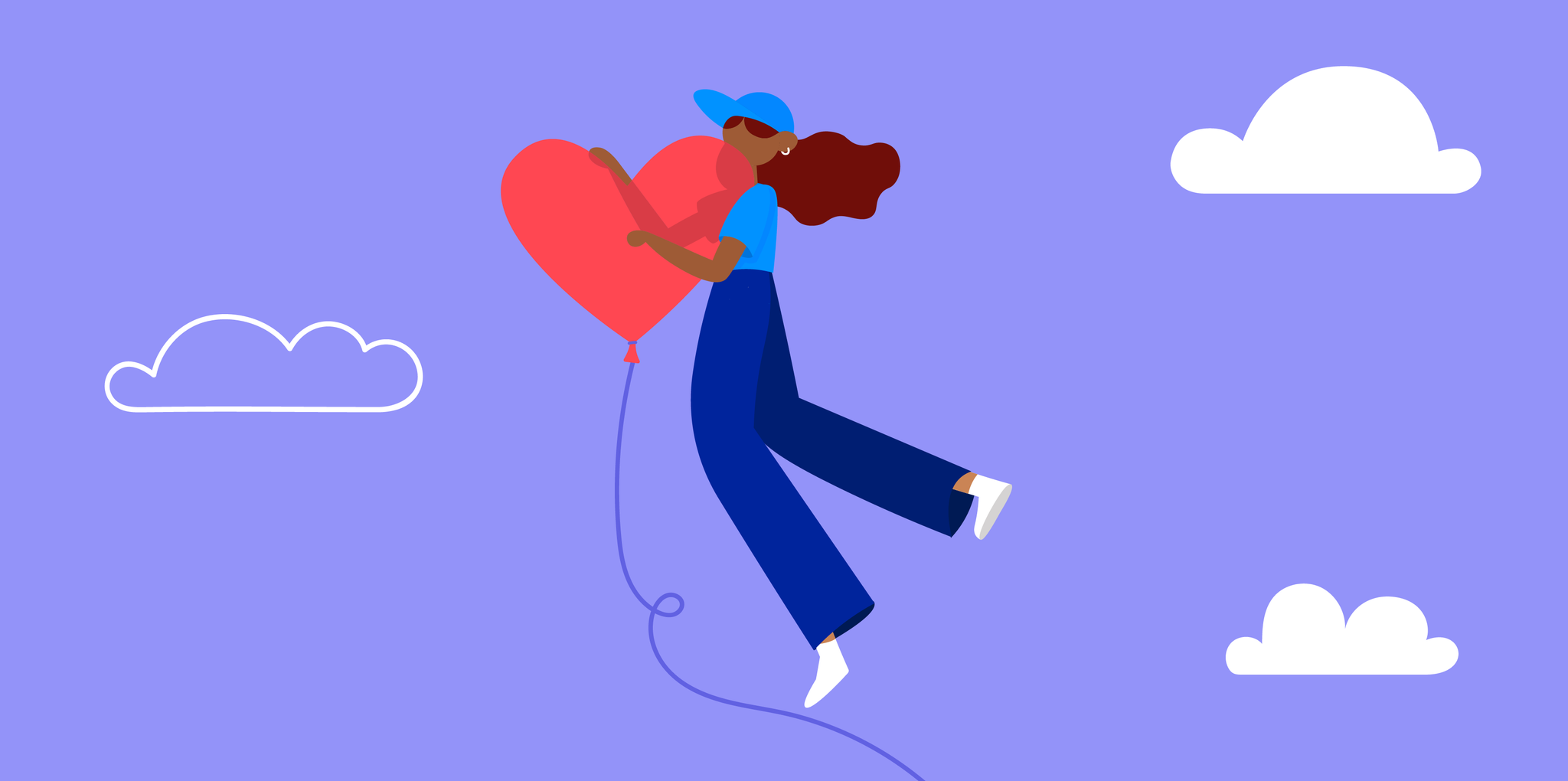 Courier holding and flying on a heart-shaped balloon