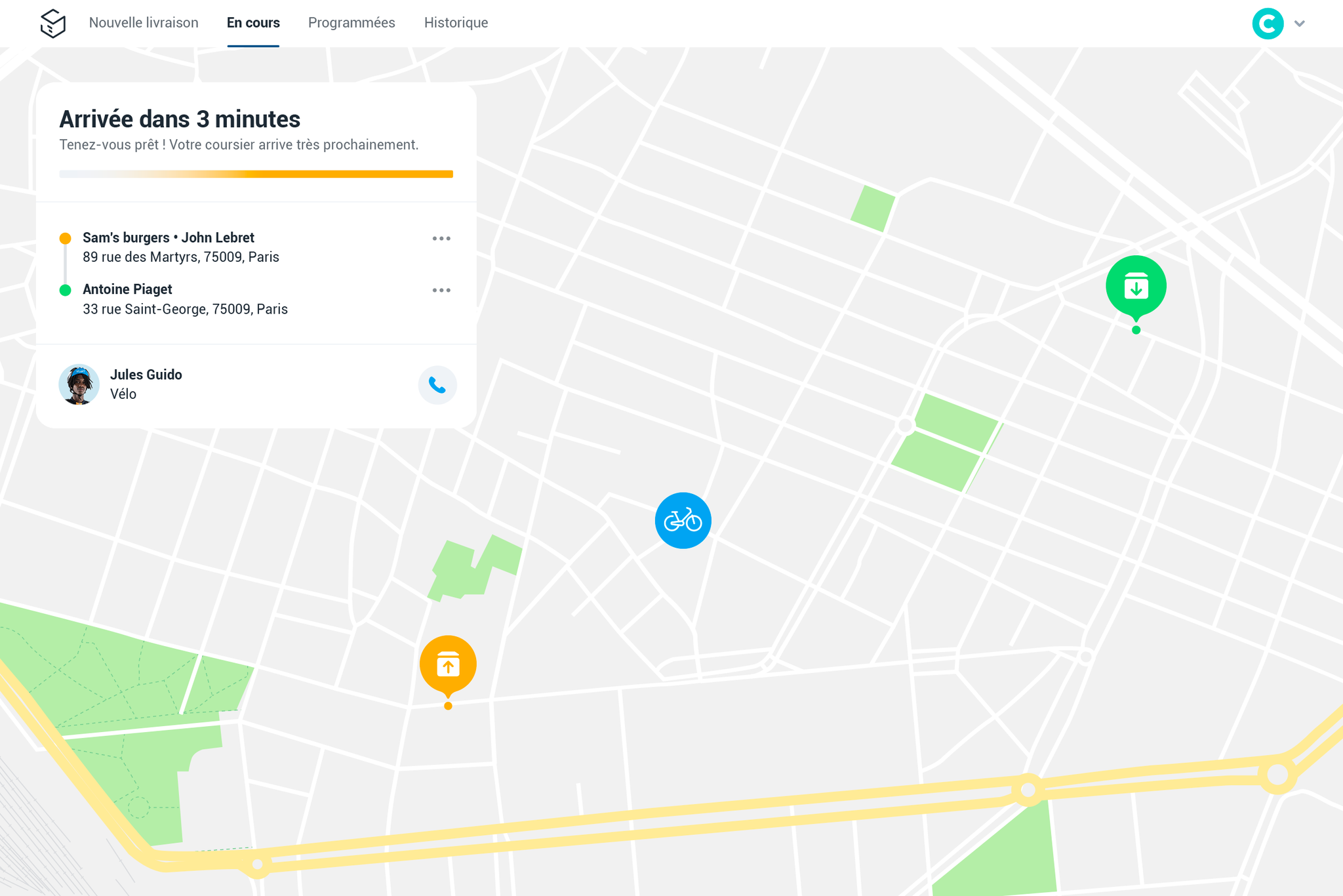 Arrivée dans 3 minutes. Tenez-vous prêt ! Votre coursier arrive très prochainement.