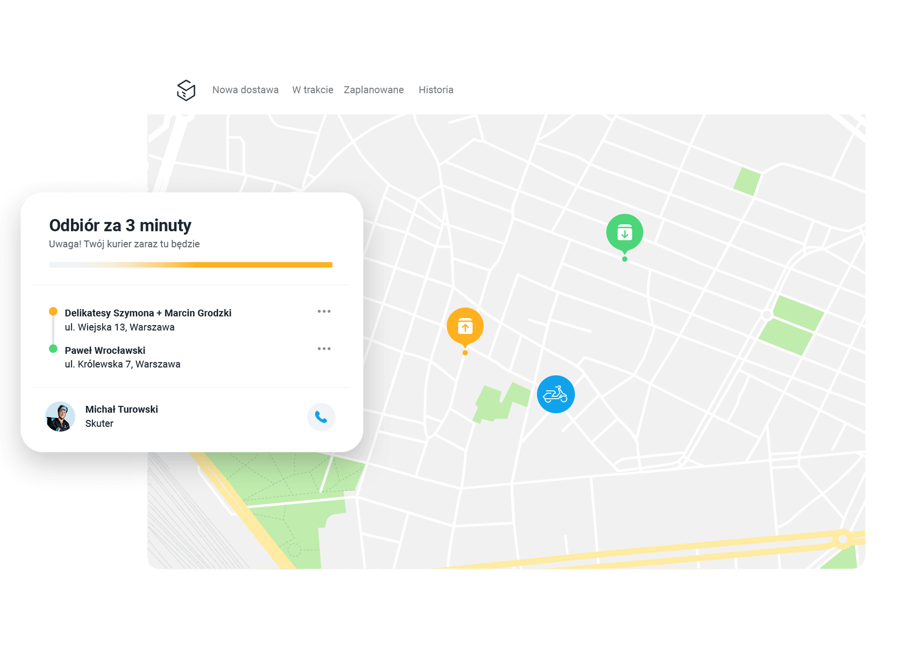 Panel dostaw z komunikatem ‘Pickup in 3 minutes’, prezentujący punkt odbioru i punkt dostawy, kuriera na rowerze z ikoną telefonu, na tle mapy miasta z kolorowymi znacznikami i zakładkami nawigacyjnymi